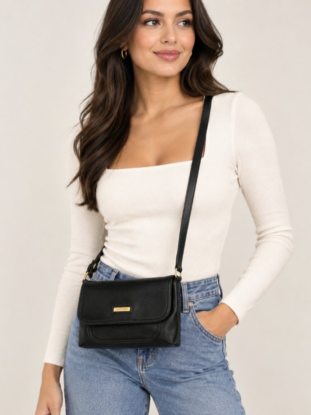 Calvin Klein Black PU Leather Crossbody Bag Gold Accents Good Plus Condition